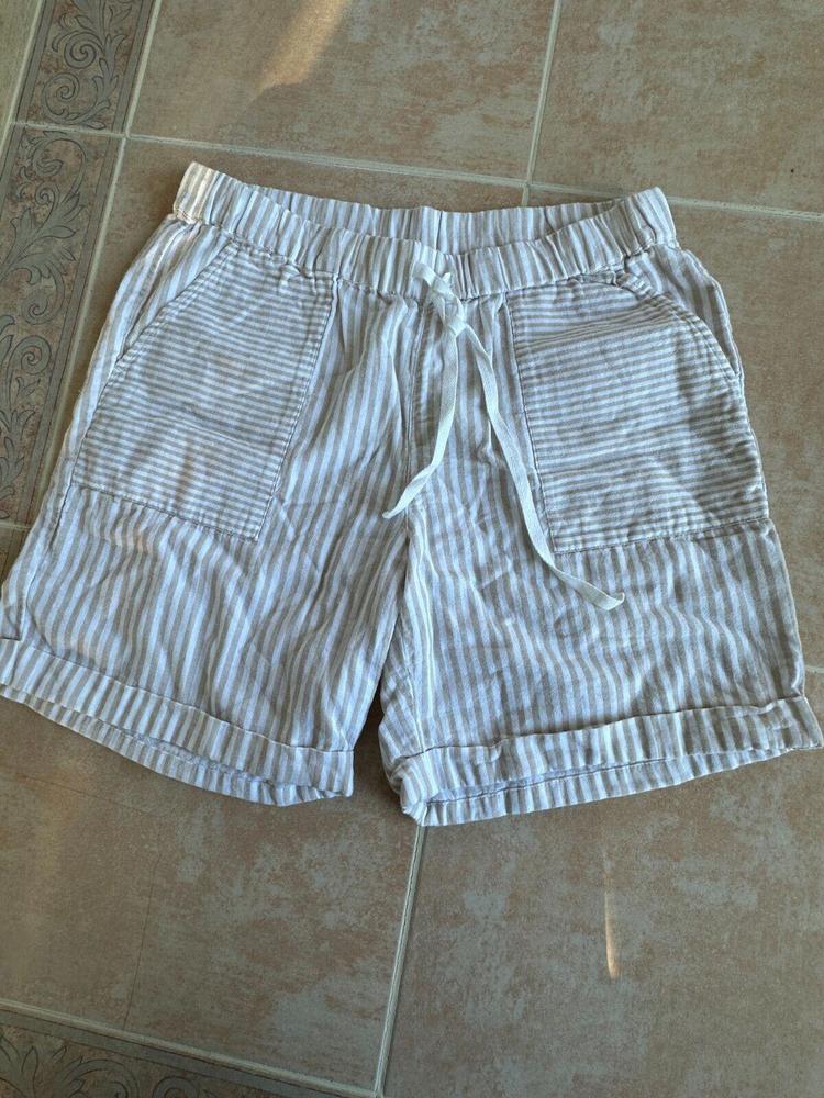 J. Jill‎ Tan Beige White Striped Pull-On Cuffed Cotton Shorts Relaxed Women Sz S